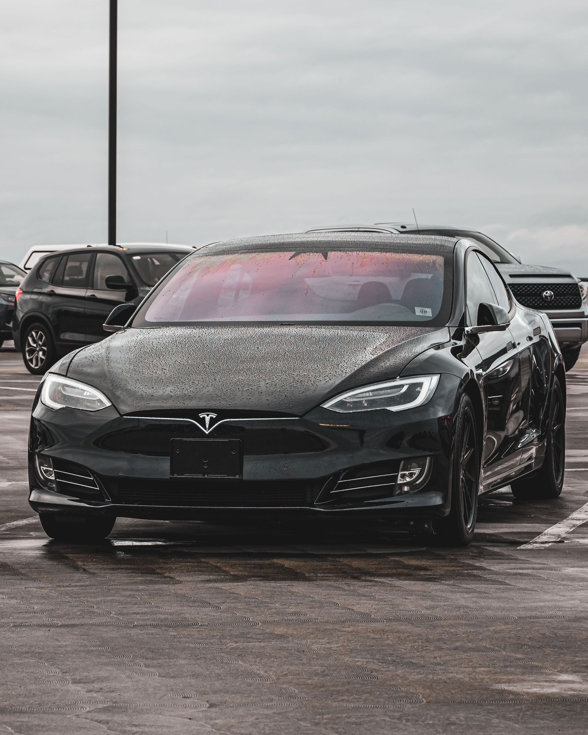 Sleek black electric car parked outdoors in Raleigh, NC, on a cloudy day.